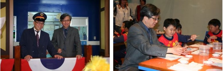 左：館員(左)於海洋列車入口扮成站長與館長(右)一同歡迎小朋友(蘭陽博物館 提供) / 右：館長(左)於海洋學堂裡面與小朋友一起DIY(蘭陽博物館 提供)