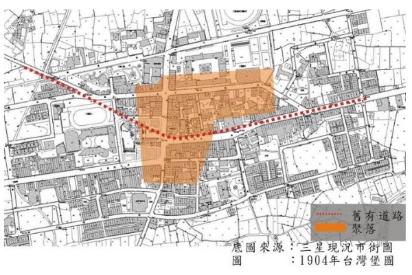 底圖來源：三星現況市街圖。圖：1904年台灣堡圖。