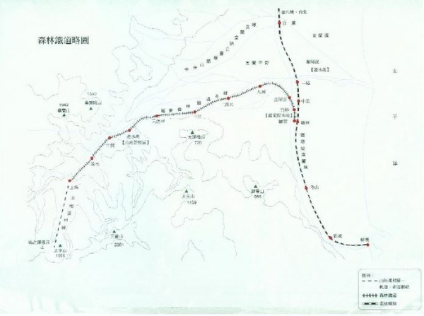 森林鐵道概略圖(改繪自《太平山古往今來-林業歷史》，2006，翁儷真，行政院農業委員會林務局，1976年古賀茂男年所繪之羅東森林鐵道)