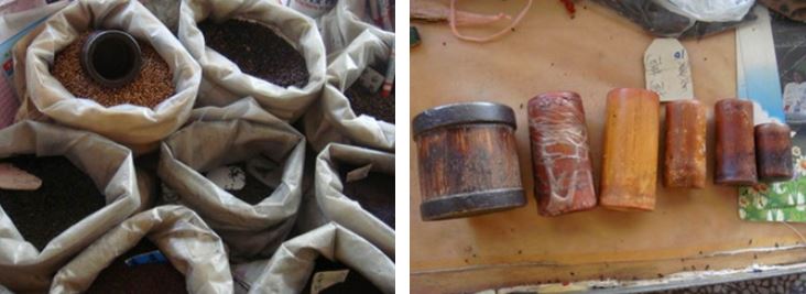 左：種類繁多種子仍以早期的袋裝方式展示 / 右：各式竹製種子量杯