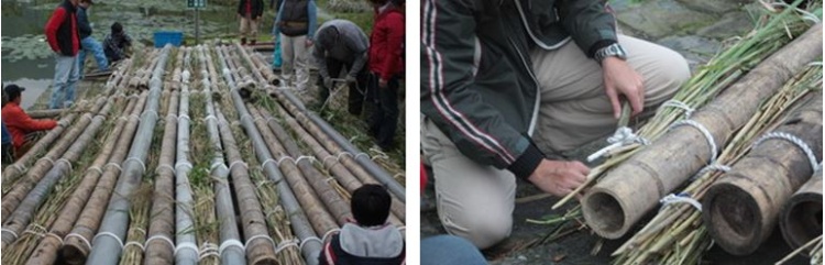 左：將塑膠管、孟宗竹和綁好的開卡蘆間隔開來，並用粗尼龍繩交互綁好 / 右：利用任一樹枝或長棍當扭桿，捆住尼龍繩將每條都扭緊後綁好