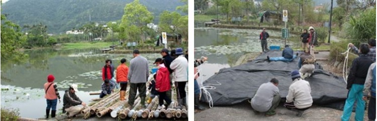 左：基座算是大工告成了，感覺好像踩在一艘大型的航空母艦一樣 / 右：舖上塑膠黑布是讓舖上去的培養土不因泡水而飄走。它也有透水性，適合營造水生植物的生長環境