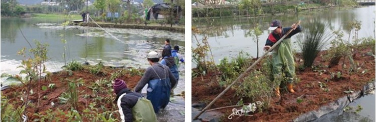 左：用尼龍繩將浮島送到湖面適當的位置 / 右：因為尼龍繩不好拉動，索性請一位學員到上面協助划動