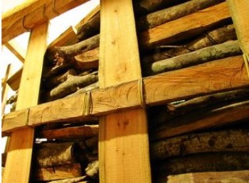 泰雅家屋以木頭支撐牆板，使用藤條固定，牆板間塞入木頭枝條