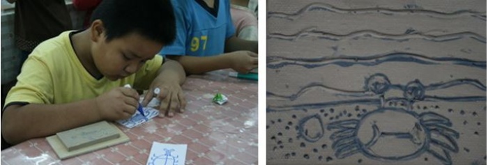 左：萬富國小學童正在畫草稿 / 右：大福國小學童所刻畫的螃蟹