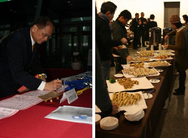 左：前行政院院長游鍚堃先生前來參與盛會(曾於1989-1997擔任宜蘭縣縣長) / 右：茶會現場