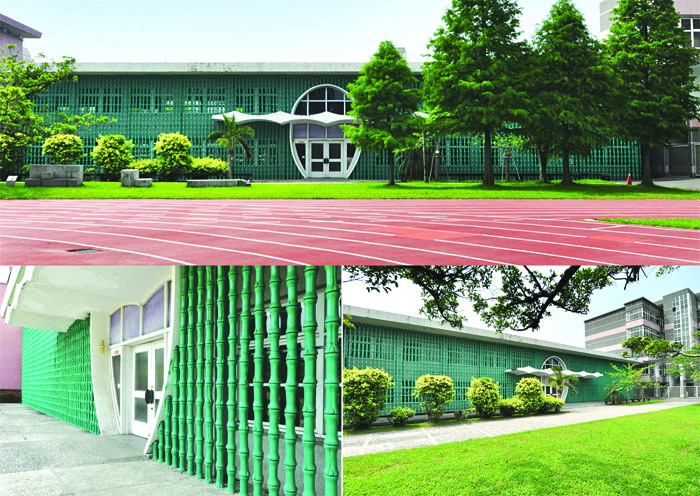 蘭陽女中綠樓，設計以高達三層樓之仿綠竹混凝土細柱做成簾幕。