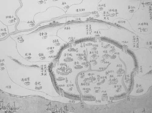 圖1.清代的台灣地圖顯現漢人在市街外圍密植箣竹形成「箣竹城」。（圖片來源：清乾隆台灣輿圖）