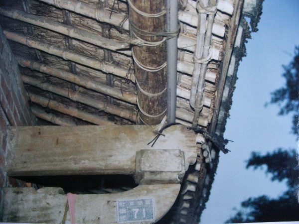 圖7.壯圍郭宅以長仔枝竹管作為椽條，竹管椽條置於圓木桁檁上以支撐屋頂。(蘇美如拍攝， 1994)