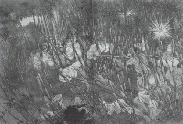 圖8.日軍遭遇台灣抗日民眾以竹圍為據點進行襲擊。（圖片來源：《台灣風俗畫報》第98號，1895）
