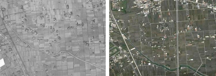 圖9及圖10.比較1978年的像片基本圖（左）及2011年的衞星影像圖（右），可以看出「竹圍仔」變化消逝情形。（圖片來源：林務局農林航空測量所，1978拍攝，《台灣地區像片基本圖》第1版，〈下壯二〉（左）；下載自Google Earth網站（右）。）