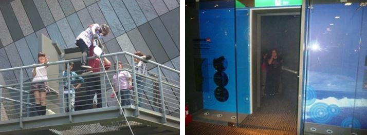 左：101年4月30於本館辦理災害防護訓練，受訓人員包含：館員、志工、地方文化館人員。圖為進行垂降訓練 / 右：模擬火場狀況逃生演練