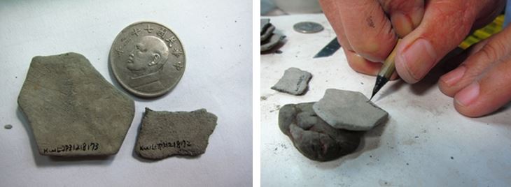 左：整理標本時常需要寫很小的毛筆字 / 右：當初面試時，邱老師只是問了她們會不會寫很小的毛筆字