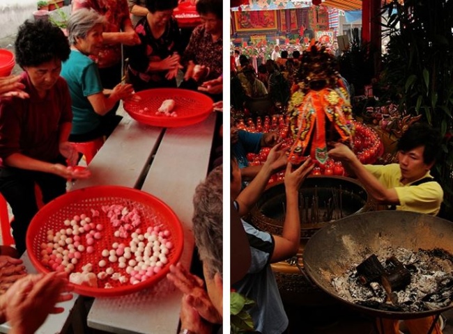 左：老阿嬤們聚在一塊搓湯圓話家常 / 右：年輕人跟長輩們一起幫忙扛神轎