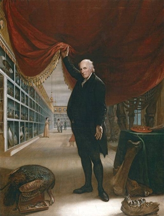 美國畫家、軍人兼自然學家Charles Willson Peale (April 15, 1741 – February 22, 1827)的自畫像「在自己博物館內的藝術家」（The artist in his museum），此圖充分顯示出當時搜奇櫃擁有者把藏品當成炫耀自身財富內容的心態（資料來源：Charles Willson Peale, 1822, Joseph Harrison, Jr.之收藏。）