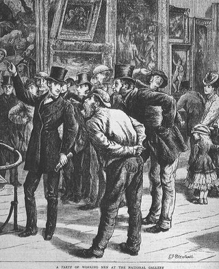 形容在倫敦國家藝廊裡跟一群工人講解畫作內容的漫畫「國家藝廊裡的工人集會」。（資料來源：The Graphic, August 6, 1870.）
