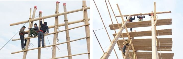 左：繩圈捆法 / 右：放置出挑部分的棚板