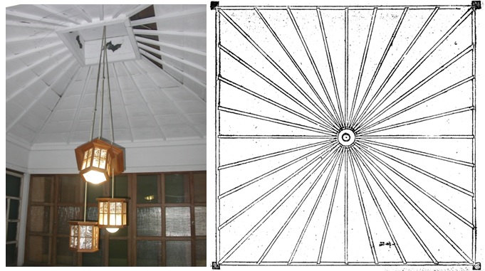 左圖：B棟浴室天花板之現況   / 右圖：浴室天花組成概念圖。(傘張) 資料來源：《圖解家屋建築雛形》，1949，p61。