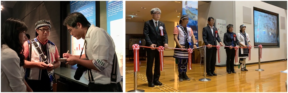 左圖：陳碧琳館長接受日媒專訪   / 右圖：開幕典禮上陳碧琳館長(左二)和西都市長押川修一郎(左三)進行剪綵儀式