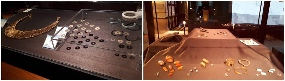 左圖：介紹當時生活在淇武蘭的人們的裝飾藝術   / 右圖：遺址出土的許多具藝術性的文物