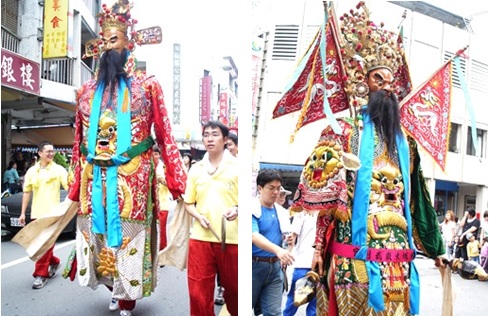 左圖圖八：文判官（如圖八）為文官打扮，身穿紅色蟒袍，服上有著以立體繡方式所繡成的龍紋繡樣。 / 右圖圖九：武判官（如圖九）為武官打扮，因為高階部將，是以身穿綠色文武甲，服飾正面以立體繡方式繡出龍紋。