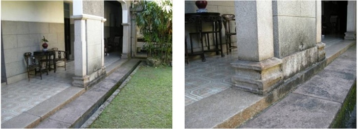 左圖：石造緣石、犬走與柱礎。/右圖：櫃臺腳型式之柱礎。