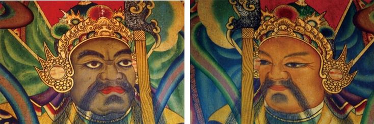 左：壯圍福德廟中門右門神：神荼局部特寫（曾水源　提供） / 右：壯圍福德廟中門左門神：鬱壘局部特寫（曾水源　提供）