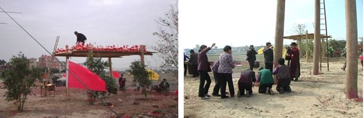 左：大社搶孤，原先並無飯棚，此為來臺取經後所設置 / 右：與臺灣不同，大社婦女可至孤棚下祭拜