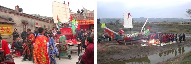 左：王船科儀 / 右：王船擺滿了信眾的祭品