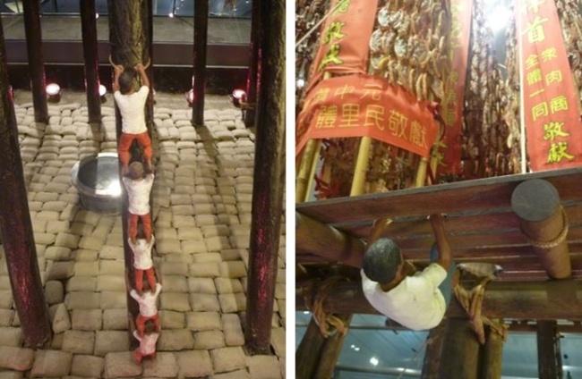 左：參賽者正在塗滿牛油的棚柱上奮戰 / 右：努力翻過關鍵的倒塌棚