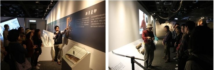 左：策展人韓玉山教授導覽特展 / 右：珊瑚法界博物館館長賴榮興先生為大家講述捕鰻苗的知識