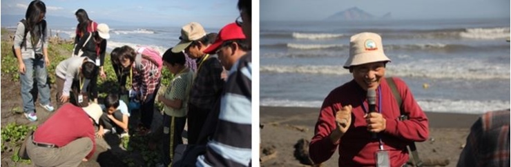 左：賴榮興館長秀了一手抓螃蟹的絕活，不過我們體驗老一輩的智慧就好，可別真把螃蟹抓走喔！ / 右：聽賴館講解大海的知識與故事，真是莫大的享受！