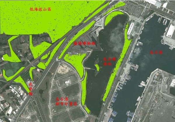 圖1 蘭博周邊樹林棲地類型（黃綠色色塊的區域）與主要區域的分布位置。修改自GOOGLE地圖