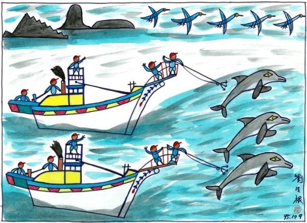 南方澳素人畫，劉生根先生把捕鯨豚的記憶變成畫作（賴榮興先生提供）