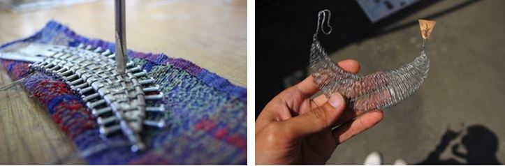 左：用螺絲起子和鐵錘在鐵絲上敲出凹痕 / 右：加上魚嘴和魚尾，金鯉魚的主體便大功告成