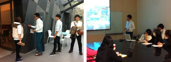 左：展前導覽的同學，努力地研究牆面的各種石材 / 右：蘭博館方的導覽人員悉心、耐心地聆聽並指點每一位同學，期盼同學有最專業的表現