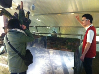 陳建昇為遊客介紹天幕的變化及表演時程（蔡幼芬 攝）