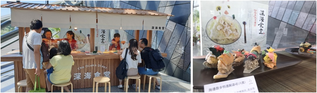 左圖：遊客到深海食堂一探究竟   / 右圖：由海底廢棄物組成的壽司模型