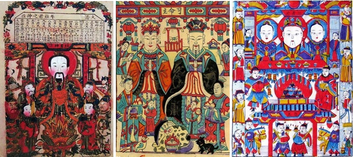 左圖：民間年畫單座灶 / 中圖：雙座灶 / 右圖：三座灶。