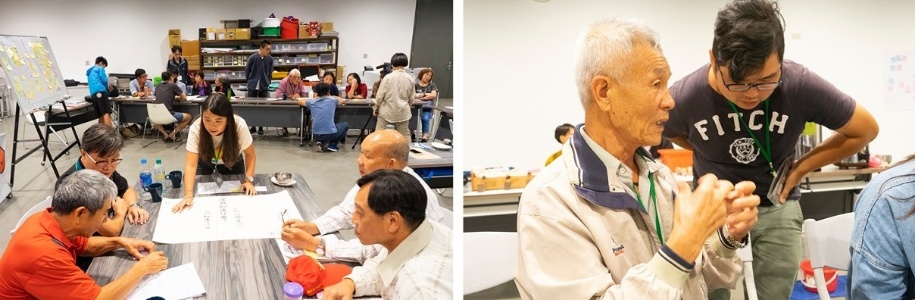 左圖：桌長分別引導各桌4位成員進行討論 / 右圖：翻譯協助擅長語言不同的偵探們傳達。