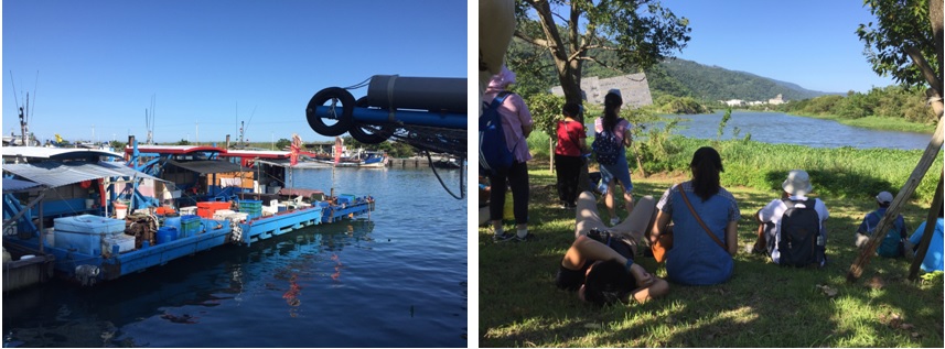 左圖：現烏石港一隅。 / 右圖：在樹下遠眺蘭陽博物館的學員。