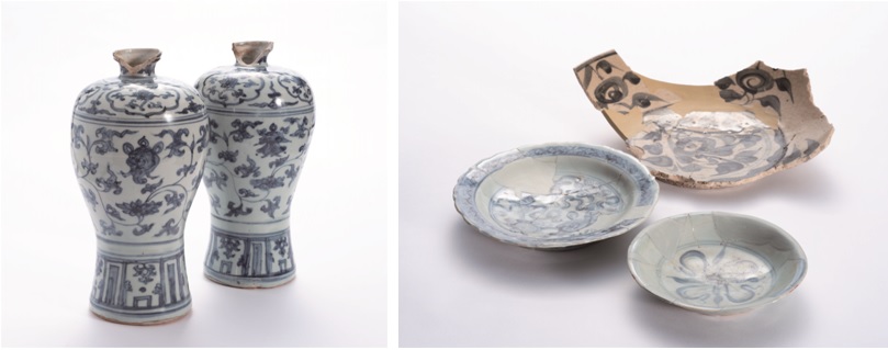 左圖：青花梅瓶。切畑第三遺跡一都城市教育委員會所藏 / 右圖：青花皿，野首第一遺跡、堂地東遺跡、八幡遺跡。宮崎縣埋藏文化財中心所藏