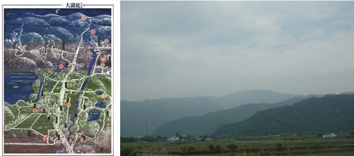 左圖圖 一：大湖底聚落（圖片來源：宜蘭部落繪） / 右圖圖二： 宜蘭河上游的「大湖底聚落群」，至今尚有19個「姓仔底」存在，每一個「姓仔底」住著血緣相親的同姓宗親，依著家族的特長，與宜蘭河交織出獨特的家族歷史。