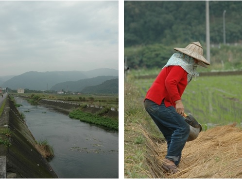 左圖圖三：親水恐水，依水營生，又因水患而田園覆沒，當圖上拉起了長長的河堤，水患不再，卻似乎也漸拉遠了人與水之間的緊密關連。 / 右圖圖四：依山傍水、墾地種植，在辛勤的工作間，相褒對唱，記錄下了常民過去的生活寫照。