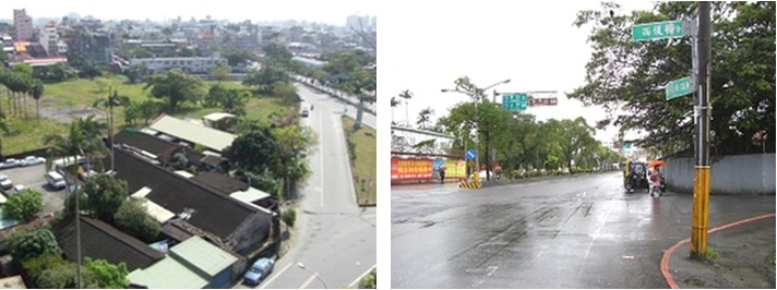 左圖：眷村南側鄰接舊城南路，面對南門計畫區設治紀念館等歷史建築空間，往南垂直於泰山路。 / 右圖：眷村東南隅交叉路口，東側鄰接西後街，南側鄰接舊城南路。