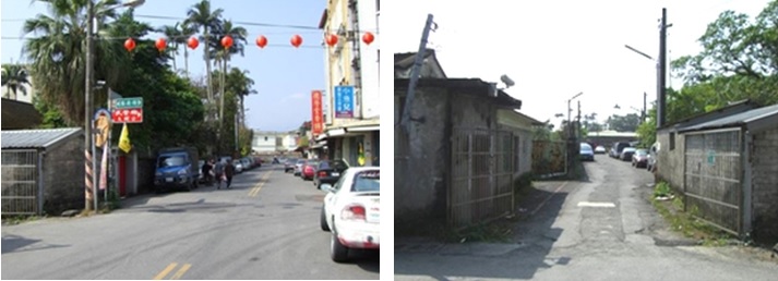 左圖：眷村北側武營街，向右垂直於西安街，向左進入部份眷村基地，為武營街71巷入口。 / 右圖：眷村武營街71巷入口。