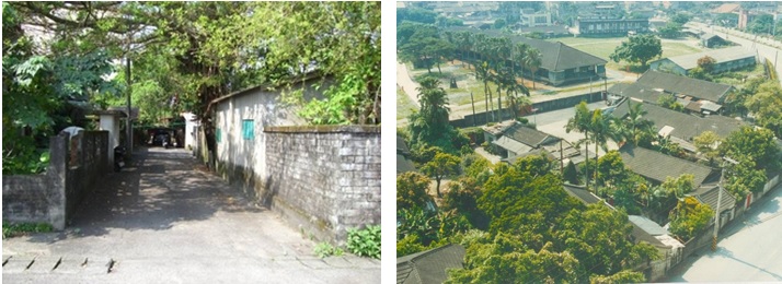 左圖：日遺木造房舍之間的巷弄空間，終日被大喬木遮蔭，眷舍圍牆上多長有青苔。 / 右圖：聯勤前204廠未拆除前之照片，化龍一村隔著一道圍牆環繞配置於廠區週邊。
