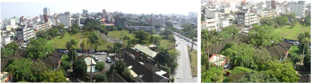 左圖：化龍一村鳥瞰照片，聯勤前204廠內建物現已全被移為平地。 / 右圖：位於眷村東北隅眷舍空間配置，多為日遺獨門獨院木造房舍，每戶之間係以亞歷山大椰子樹列植及圍牆作為區隔。