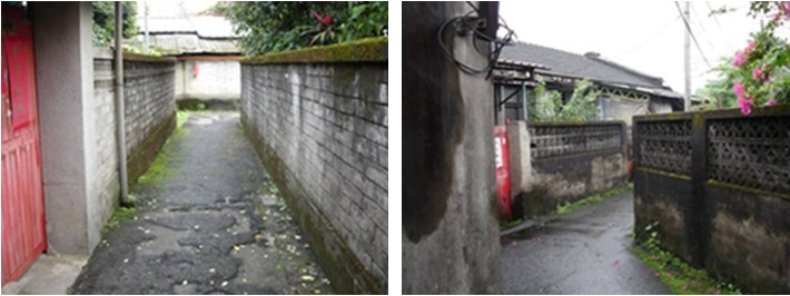 左圖：朱門、長滿青苔的圍牆及斑剝的AC路面，似乎闡述著化龍一村的歲月痕跡。 / 右圖：通往舊城南路的曲折巷弄，混凝土花格磚圍牆內九重葛的出牆，像控訴著眷村許多眷戶的離去／出走。