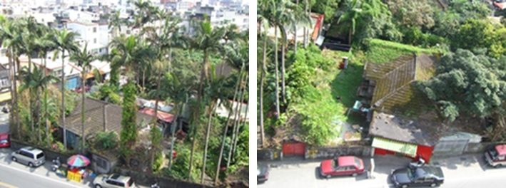 左圖：獨門獨院的日式木造房舍鳥瞰全景，除部份鐵皮增建外，眷舍空間仍保存原貌。 / 右圖：獨門獨院的日式木造房舍鳥瞰全景，在武西路上增建大門出入口。